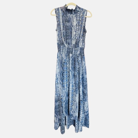 Nanette Lepore Stevie Snake-print Hi-Low Smocked-Waist Sleeveless Blue Dress - Picture 12 of 16